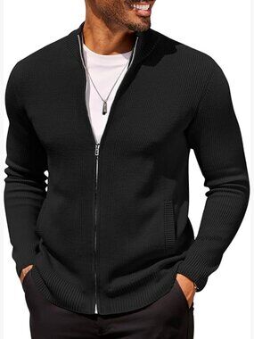 Men's Zip Up Cardigan Sweater Slim Fit Knit Stand Collar Full Zip Cardigans